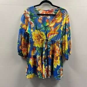 Ruby Yaya Cotton Tunic Top Sz XS Drawstring Waist Colorful Tropical Resortwear